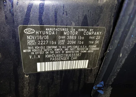 2009 Hyundai Elantra Gls from USA, damaged, VIN KMHDU46D19U633387